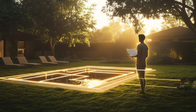 Illustration montrant une personne debout dans un jardin, tenant un plan architectural dans les mains, observant un projet de piscine. La piscine est représentée sous forme d'un contour lumineux au sol, évoquant un projet en cours ou futur. Le cadre est verdoyant avec de l'herbe bien entretenue, des chaises longues disposées à proximité, et des arbres entourant l'espace, baigné par une douce lumière dorée de fin de journée, renforçant l'ambiance calme et réfléchie de la scène.