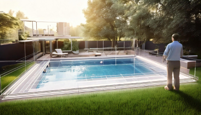 Image montrant un homme debout dans un jardin, contemplant une piscine en cours de construction. La piscine est partiellement réalisée, avec des lignes géométriques lumineuses qui dessinent le contour de la structure. L'eau claire de la piscine reflète les arbres et le mobilier extérieur moderne autour. Le jardin est bien entretenu, avec une pelouse verte et des arbres qui apportent une ombre douce. L'ensemble de la scène dégage une atmosphère paisible, symbolisant l'étape de planification et de construction d'une piscine