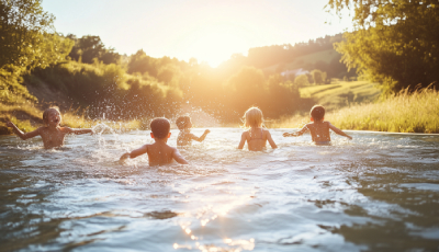 Photo montrant un groupe d'enfants s'amusant dans une piscine ou un plan d'eau au coucher du soleil. Les enfants éclaboussent joyeusement dans l'eau, tournés de dos vers la caméra, profitant du moment ensemble. L'arrière-plan dévoile une colline verdoyante et des arbres, baigné dans la douce lumière dorée du soleil qui se couche, créant une ambiance estivale et pleine de bonheur. La scène dégage une sensation de liberté et de plaisir simple en pleine nature.