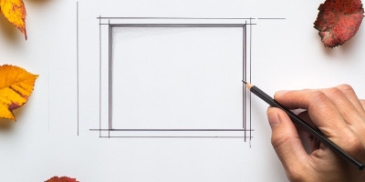 Une main tient un crayon en train de tracer le contour simple d'un rectangle sur une feuille blanche, évoquant un plan de conception ou un dessin architectural minimaliste. Des feuilles d'automne aux tons jaunes et orange sont disposées autour de la feuil